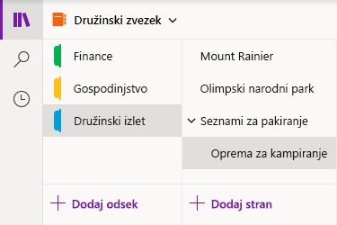Vrstica za krmarjenje v OneNotu za Windows 10