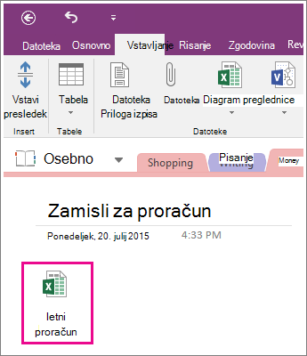 Posnetek zaslona priložene preglednice v programu OneNote 2016.