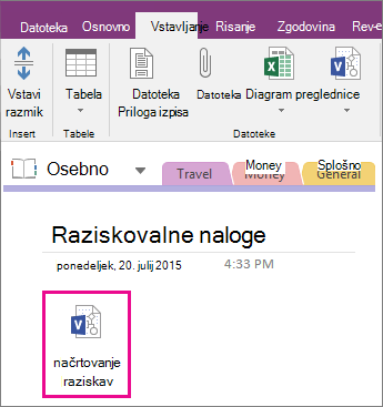 Posnetek zaslona, kako priložiti Visiovo datoteko strani v programu OneNote 2016.