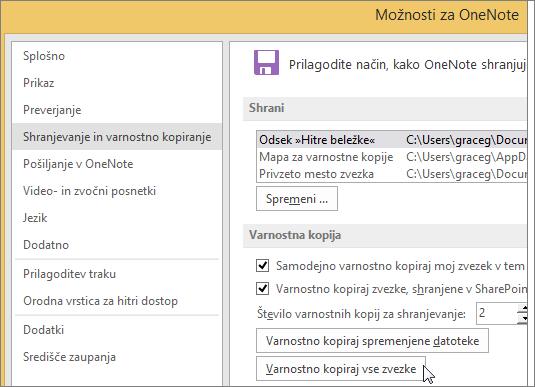 Screenshot of the OneNote Options dialog box in OneNote 2016.
