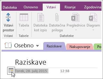 Posnetek zaslona, kako spremenite datumski žig na strani v programu OneNote 2016.