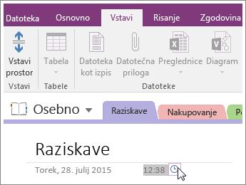 Posnetek zaslona, kako spremenite časovni žig na strani v programu OneNote 2016.