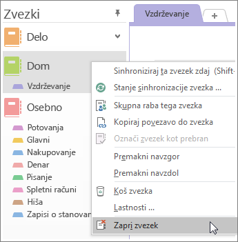 Posnetek zaslona postopka zapiranja zvezka v programu OneNote 2016.