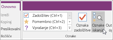 Posnetek zaslona gumba »Poišči oznake« v programu OneNote 2016.