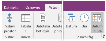 Posnetek zaslona gumba »Datum in ura« v programu OneNote 2016.