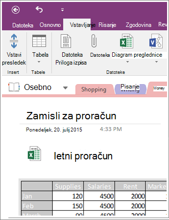 Posnetek zaslona vdelane preglednice v programu OneNote 2016.