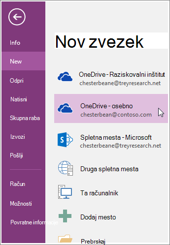 Posnetek zaslona, na katerem je prikazan način ustvarjanja novega OneNotovega zvezka.