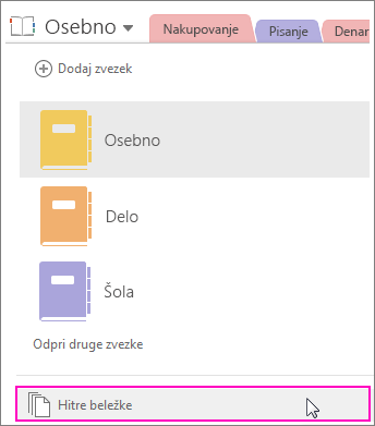 Posnetek zaslona podokna zvezka programa OneNote 2016 z označenimi hitrimi beležkami