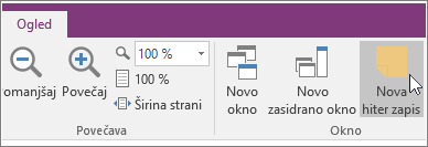 Posnetek zaslona gumba «Nova hitra beležka« v programu OneNote 2016.