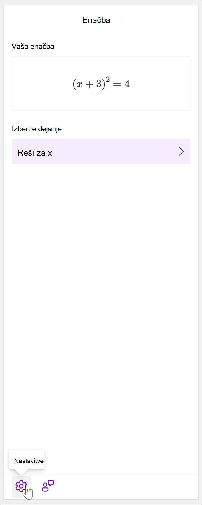 Posnetek zaslona matematičnega podokna OneNotovega namizja z enačbo (x+3)^2=4. V razdelku Izberi dejanje je edino dejanje, ki je na voljo, Reši pred x.