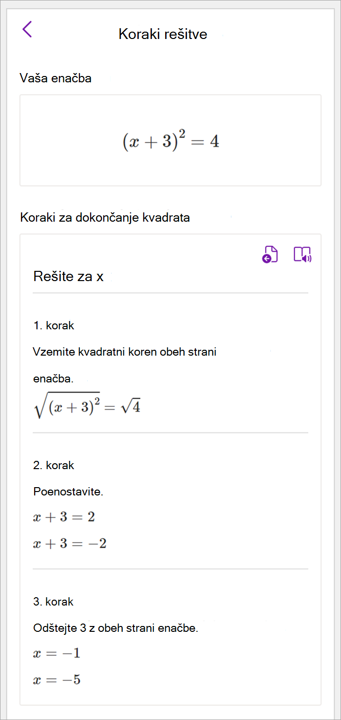Posnetek zaslona matematičnega podokna v OneNotovem namizju. Prikazani so koraki rešitve za uporabo metode dokončanja kvadrata za reševanje x.