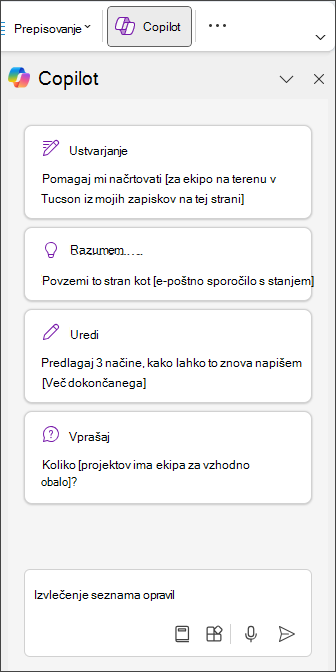 Vnesite »Izvleček seznama opravil« v podoknu Copilot v OneNotu