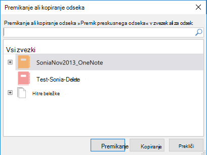 Pogovorno okno »Premakni ali kopiraj odsek« v OneNotu za Windows 2016