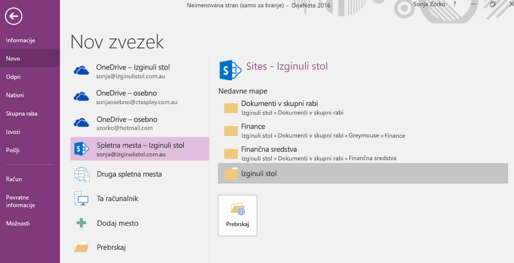 Vmesnik za izbiro mape za nov zvezek v aplikaciji OneNote za Windows 2016