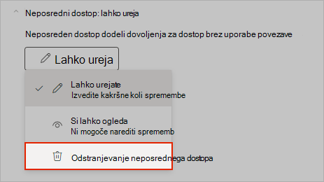OneNotov posnetek zaslona, ki prikazuje, kako odstraniti neposreden dostop do skupne rabe