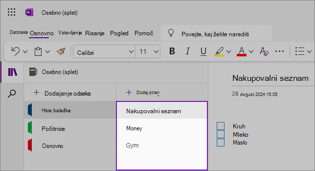 Pogled na spletni uporabniški vmesnik OneNote, ki prikazuje območje vsebine