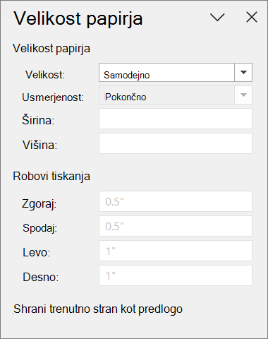 Podokno »Velikost papirja«
