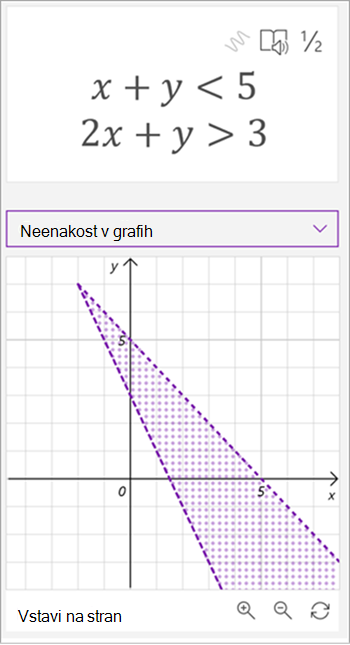 Posnetek zaslona pomočnika za matematične enačbe Enačbe X plus Y je manjše od 5, 2x plus y je večje od 3, obe črti sta narisani in območje med njima je osenčeno