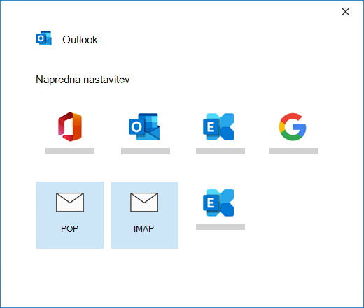 Izbira vrste računa pri ročnem nastavljanju e-poštnega računa v Outlooku