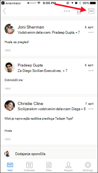 Sporočilo lahko arhivirate tako, da tapnete gumb Arhiv