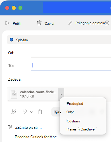 Možnosti spustnega seznama prilaganja datotek v Outlooku za Mac