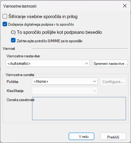 Potrdite polja zraven možnosti »Dodaj digitalni podpis temu sporočilu« in »Zahtevaj potrdilo S/MIME« za to sporočilo