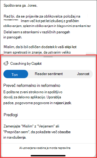Predlogi Copilots za ton, jasnost in mnenje bralca v Outlooku za prenosne naprave