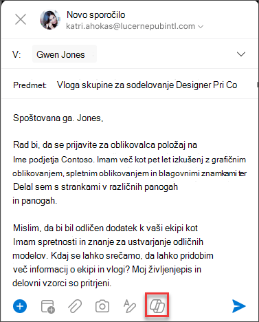 Ikona storitve Copilot v meniju za sestavljanje za iOS
