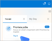 Prikazuje zavihek »Novosti« v Outlooku v računalniku Mac. V razdelku Prednostna razvrstitev e-pošte je na voljo povezava »Preskusite«.