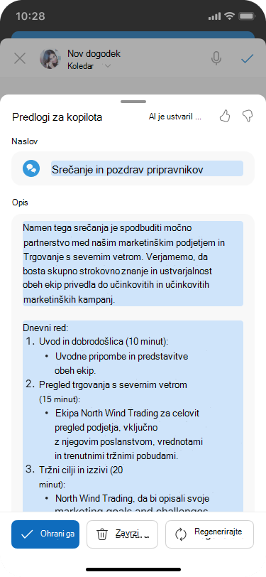 List »Predlogi za Copilot« za možnost »Načrtuj s storitvijo Copilot«