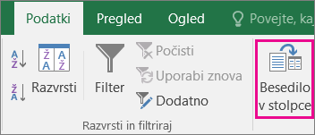 Izbira besedila podatkov > v stolpce
