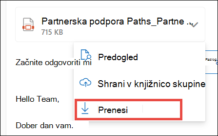 Prenos priloge za nov Outlook