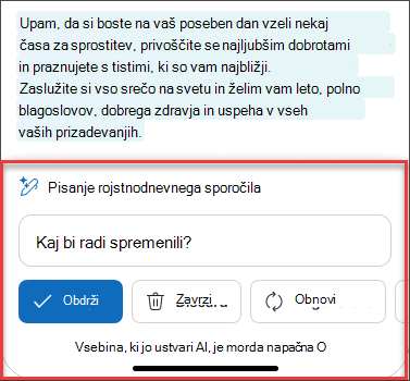 Nekateri Po skrbnem premisleku besedilo iz osnutka e-pošte z uporabo Copilota v iOS in Android
