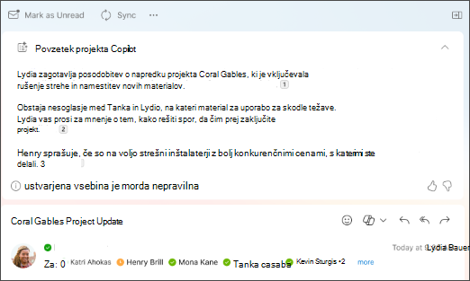 Povzetek niti e-poštnih sporočil s citati, ki ga je ustvarila storitev Copilot