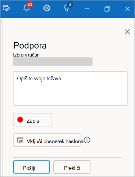 Posnetek zaslona podokna za podporo za stik, ki prikazuje območje z opisom težave