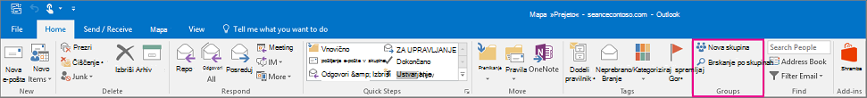 Možnosti skupin na glavnem Outlookovem traku