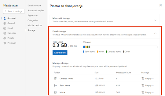 Meni za shranjevanje za Outlook.com.