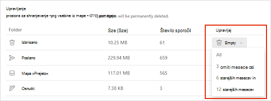 Nastavitve prostora za shranjevanje za Outlook.com.