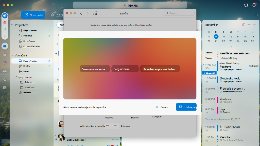 Zaslon, ki prikazuje nastavljive atribute teme po meri v programu Outlook for Mac