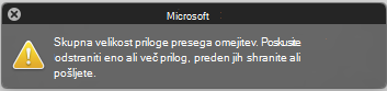 Sporočilo o napaki, ko je priloga prevelika za pošiljanje