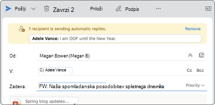 Posnetek zaslona prikazuje primer namigov za pošto.