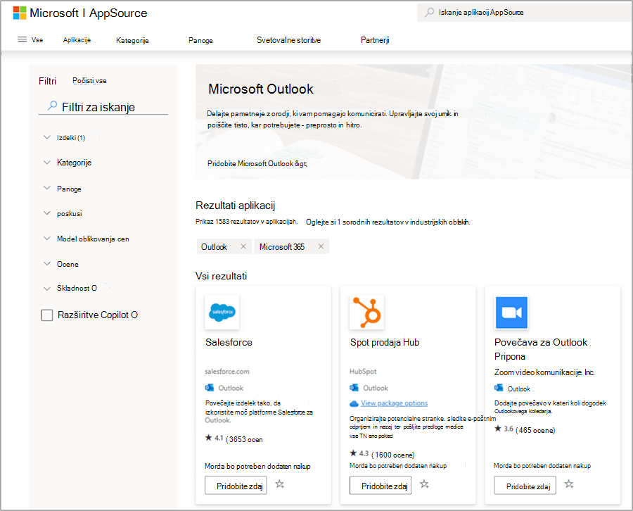 Dodatki programa Microsoft Outlook v aplikaciji AppSource