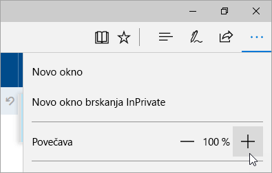 Posnetek zaslona menija »Nastavitve in drugo« v brskalniku Microsoft Edge