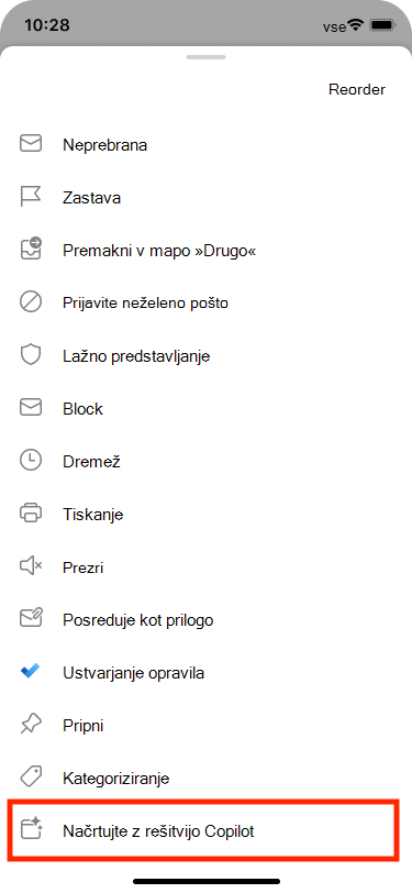 Možnost »Razpored iz e-pošte« lahko izberete v meniju »Več dejanj«