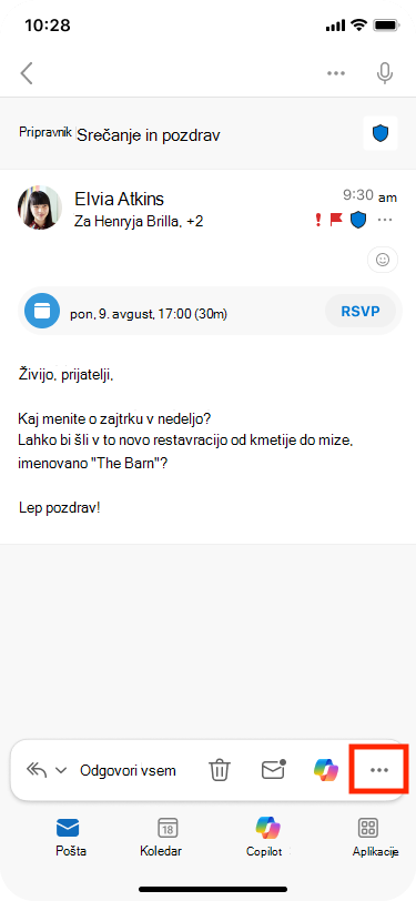 Možnost »Več dejanj« je v spodnjem desnem kotu orodne vrstice