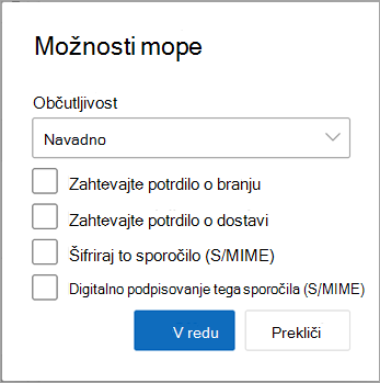 V novem sporočilu izberite »Več možnosti«, da si ogledate možnosti šifriranja, ki so na voljo.