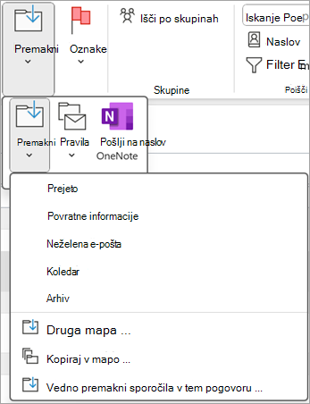 Izberite izbrisani element, ki ga želite obnoviti, in ga nato z gumbom Premakni na traku premaknite v drugo mapo.