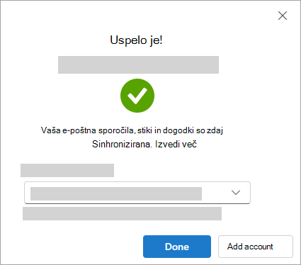 Posnetek zaslona, ki prikazuje okno za uspeh pri dodajanju Google Računa