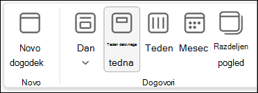 Posnetek zaslona traku v novem Outlooku z izborom za spreminjanje pogleda koledarja