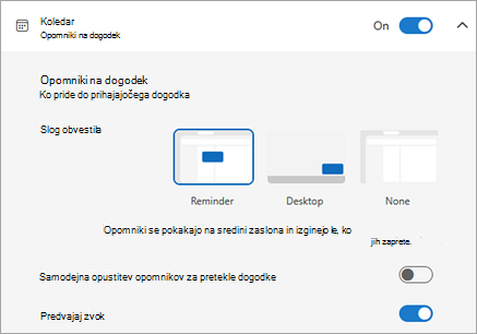 Posnetek zaslona nastavitev opomnika za dogodek v aplikaciji Calendar